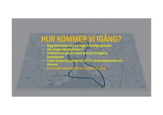 HUR KOMMER VI IGÅNG?
• Bygg förbindelsen privat, begär offentliga garantier
• Sök pengar från oljefonden?
• Delfinansiera genom att planera och bolagisera
bostadsmark
• Erbjud långsiktig avkastning (30 år+) åt pensionsfonder och
liknande
• Ett projekt skapas genom en process i tre steg:
 