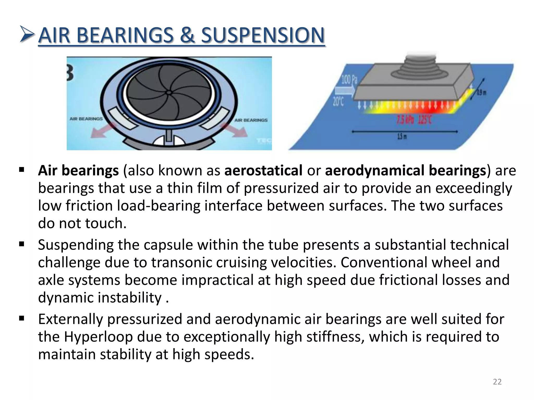 AIR BEARINGS & SUSPENSION
 Air bearings (also known as aerostatical or aerodynamical bearings) are
bearings that use a thin film of pressurized air to provide an exceedingly
low friction load-bearing interface between surfaces. The two surfaces
do not touch.
 Suspending the capsule within the tube presents a substantial technical
challenge due to transonic cruising velocities. Conventional wheel and
axle systems become impractical at high speed due frictional losses and
dynamic instability .
 Externally pressurized and aerodynamic air bearings are well suited for
the Hyperloop due to exceptionally high stiffness, which is required to
maintain stability at high speeds.
22
 