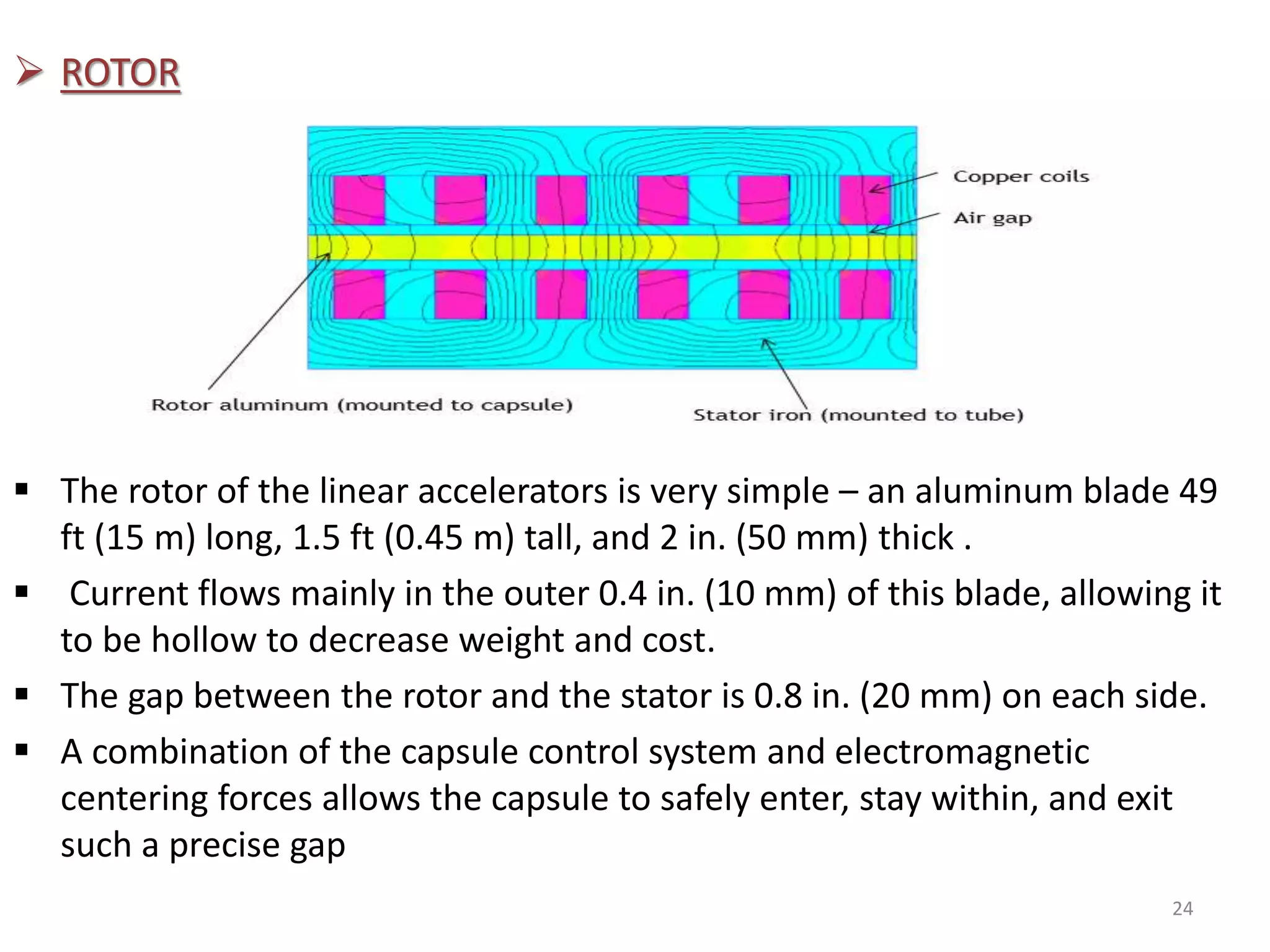  ROTOR
 The rotor of the linear accelerators is very simple – an aluminum blade 49
ft (15 m) long, 1.5 ft (0.45 m) tall, and 2 in. (50 mm) thick .
 Current flows mainly in the outer 0.4 in. (10 mm) of this blade, allowing it
to be hollow to decrease weight and cost.
 The gap between the rotor and the stator is 0.8 in. (20 mm) on each side.
 A combination of the capsule control system and electromagnetic
centering forces allows the capsule to safely enter, stay within, and exit
such a precise gap
24
 
