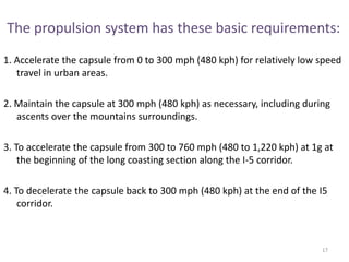 The propulsion system has these basic requirements:
1. Accelerate the capsule from 0 to 300 mph (480 kph) for relatively low speed
travel in urban areas.
2. Maintain the capsule at 300 mph (480 kph) as necessary, including during
ascents over the mountains surroundings.
3. To accelerate the capsule from 300 to 760 mph (480 to 1,220 kph) at 1g at
the beginning of the long coasting section along the I-5 corridor.
4. To decelerate the capsule back to 300 mph (480 kph) at the end of the I5
corridor.
17
 