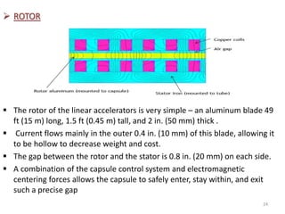  ROTOR
 The rotor of the linear accelerators is very simple – an aluminum blade 49
ft (15 m) long, 1.5 ft (0.45 m) tall, and 2 in. (50 mm) thick .
 Current flows mainly in the outer 0.4 in. (10 mm) of this blade, allowing it
to be hollow to decrease weight and cost.
 The gap between the rotor and the stator is 0.8 in. (20 mm) on each side.
 A combination of the capsule control system and electromagnetic
centering forces allows the capsule to safely enter, stay within, and exit
such a precise gap
24
 