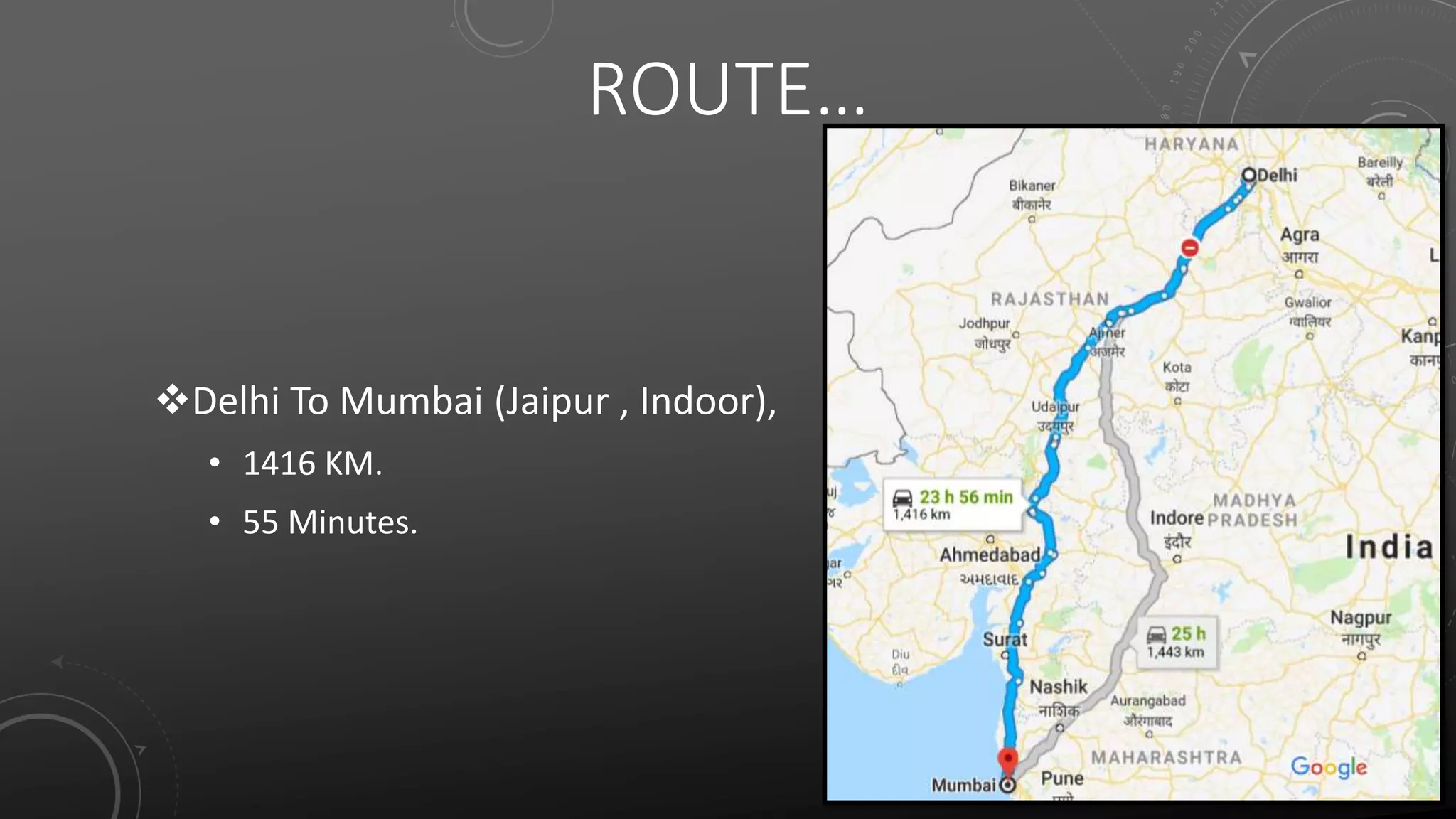 ROUTE…
Delhi To Mumbai (Jaipur , Indoor),
• 1416 KM.
• 55 Minutes.
 
