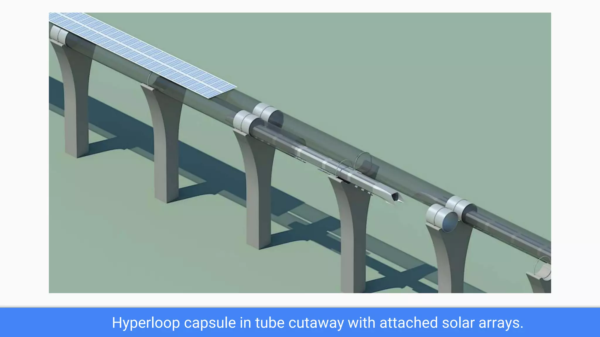 Hyperloop capsule in tube cutaway with attached solar arrays.
 