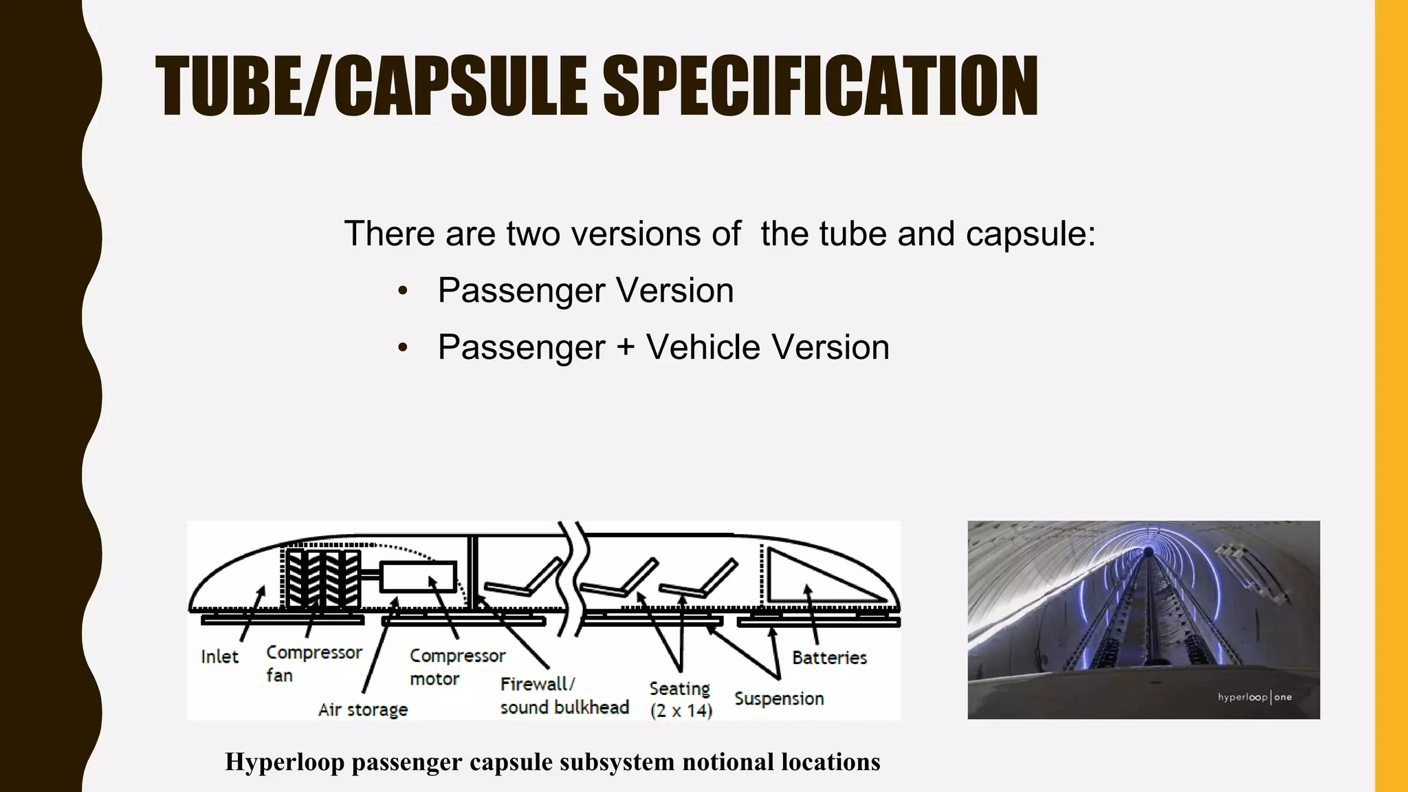 TUBE/CAPSULE SPECIFICATION
There are two versions of the tube and capsule:
• Passenger Version
• Passenger + Vehicle Version
Hyperloop passenger capsule subsystem notional locations
 