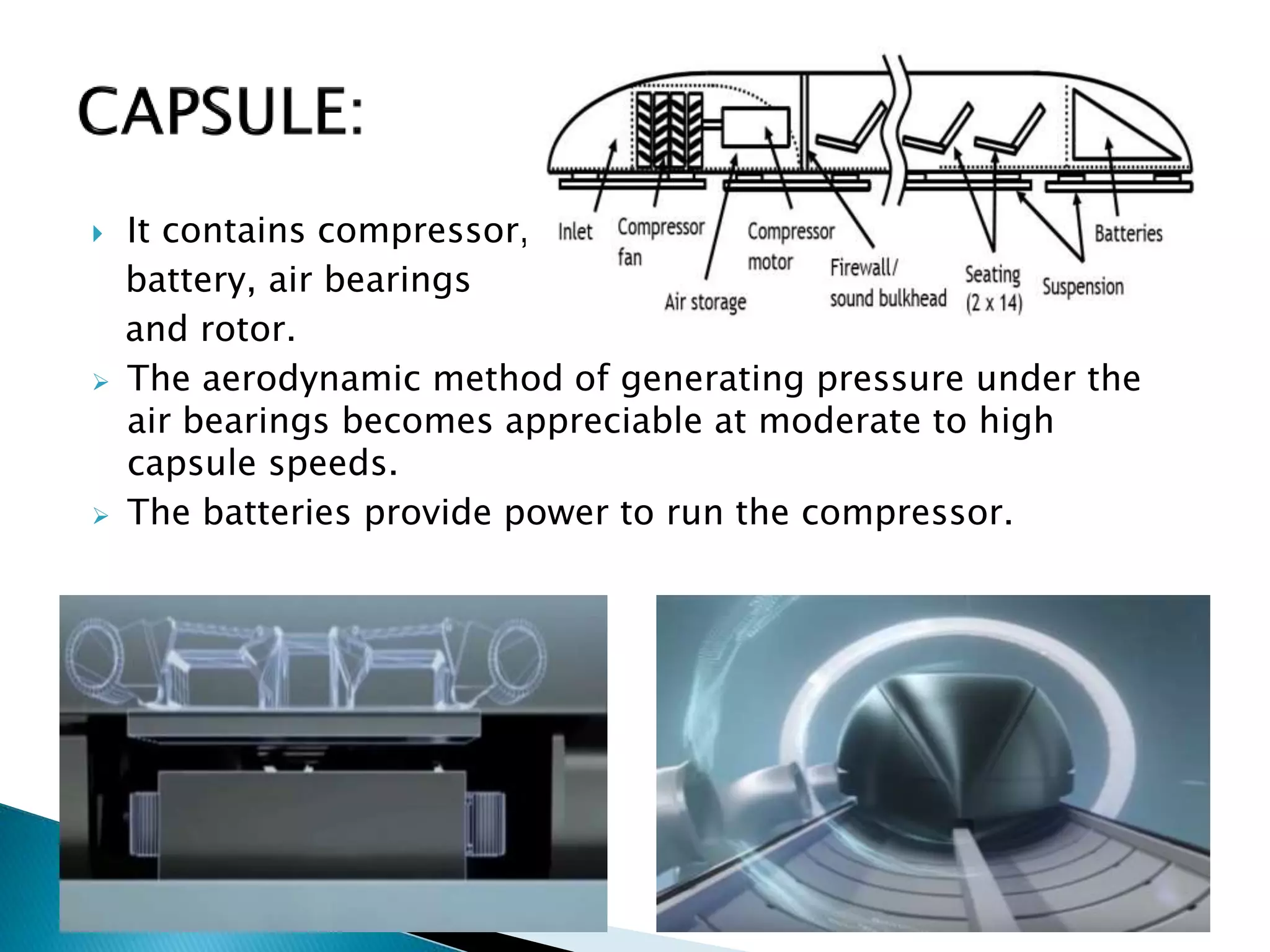  It contains compressor,
battery, air bearings
and rotor.
 The aerodynamic method of generating pressure under the
air bearings becomes appreciable at moderate to high
capsule speeds.
 The batteries provide power to run the compressor.
 