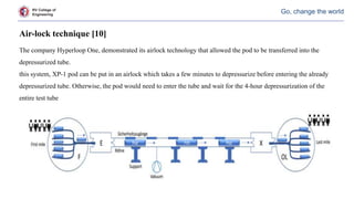 RV College of
Engineering
Go, change the world
Air-lock technique [10]
The company Hyperloop One, demonstrated its airlock technology that allowed the pod to be transferred into the
depressurized tube.
this system, XP-1 pod can be put in an airlock which takes a few minutes to depressurize before entering the already
depressurized tube. Otherwise, the pod would need to enter the tube and wait for the 4-hour depressurization of the
entire test tube
 