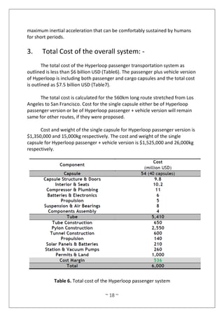 ~ 18 ~
maximum inertial acceleration that can be comfortably sustained by humans
for short periods.
3. Total Cost of the overall system: -
The total cost of the Hyperloop passenger transportation system as
outlined is less than $6 billion USD (Table6). The passenger plus vehicle version
of Hyperloop is including both passenger and cargo capsules and the total cost
is outlined as $7.5 billion USD (Table7).
The total cost is calculated for the 560km long route stretched from Los
Angeles to San Francisco. Cost for the single capsule either be of Hyperloop
passenger version or be of Hyperloop passenger + vehicle version will remain
same for other routes, if they were proposed.
Cost and weight of the single capsule for Hyperloop passenger version is
$1,350,000 and 15,000kg respectively. The cost and weight of the single
capsule for Hyperloop passenger + vehicle version is $1,525,000 and 26,000kg
respectively.
Table 6. Total cost of the Hyperloop passenger system
 
