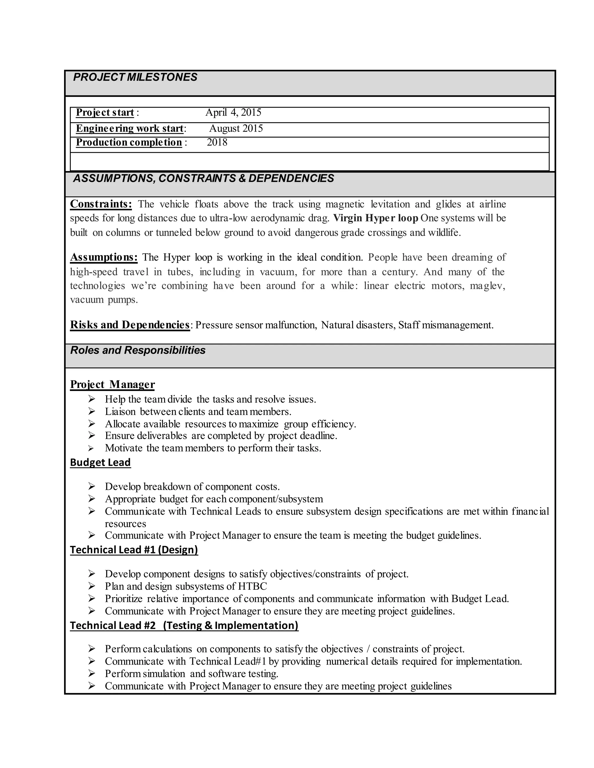 PROJECT MILESTONES
Project start : April 4, 2015
Engineering work start: August 2015
Production completion : 2018
ASSUMPTIONS, CONSTRAINTS & DEPENDENCIES
Constraints: The vehicle floats above the track using magnetic levitation and glides at airline
speeds for long distances due to ultra-low aerodynamic drag. Virgin Hyper loop One systems will be
built on columns or tunneled below ground to avoid dangerous grade crossings and wildlife.
Assumptions: The Hyper loop is working in the ideal condition. People have been dreaming of
high-speed travel in tubes, including in vacuum, for more than a century. And many of the
technologies we’re combining have been around for a while: linear electric motors, maglev,
vacuum pumps.
Risks and Dependencies: Pressure sensor malfunction, Natural disasters, Staff mismanagement.
Roles and Responsibilities
Project Manager
 Help the team divide the tasks and resolve issues.
 Liaison between clients and team members.
 Allocate available resources to maximize group efficiency.
 Ensure deliverables are completed by project deadline.
 Motivate the team members to perform their tasks.
Budget Lead
 Develop breakdown of component costs.
 Appropriate budget for each component/subsystem
 Communicate with Technical Leads to ensure subsystem design specifications are met within financial
resources
 Communicate with Project Manager to ensure the team is meeting the budget guidelines.
Technical Lead #1 (Design)
 Develop component designs to satisfy objectives/constraints of project.
 Plan and design subsystems of HTBC
 Prioritize relative importance of components and communicate information with Budget Lead.
 Communicate with Project Manager to ensure they are meeting project guidelines.
Technical Lead #2 (Testing & Implementation)
 Perform calculations on components to satisfy the objectives / constraints of project.
 Communicate with Technical Lead#1 by providing numerical details required for implementation.
 Perform simulation and software testing.
 Communicate with Project Manager to ensure they are meeting project guidelines
 