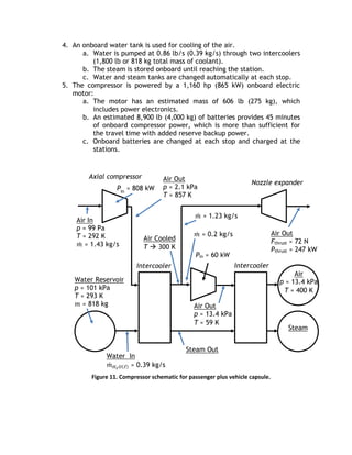 4. An onboard water tank is used for cooling of the air.
a. Water is pumped at 0.86 lb/s (0.39 kg/s) through two intercoolers
(1,800 lb or 818 kg total mass of coolant).
b. The steam is stored onboard until reaching the station.
c. Water and steam tanks are changed automatically at each stop.
5. The compressor is powered by a 1,160 hp (865 kW) onboard electric
motor:
a. The motor has an estimated mass of 606 lb (275 kg), which
includes power electronics.
b. An estimated 8,900 lb (4,000 kg) of batteries provides 45 minutes
of onboard compressor power, which is more than sufficient for
the travel time with added reserve backup power.
c. Onboard batteries are changed at each stop and charged at the
stations.
Figure 11. Compressor schematic for passenger plus vehicle capsule.
Pin ≈ 60 kW
Air In
p ≈ 99 Pa
T ≈ 292 K
𝑚 ≈ 1.43 kg/s
Pin
≈ 808 kW
Air Out
p ≈ 2.1 kPa
T ≈ 857 K
𝑚 ≈ 0.2 kg/s
Nozzle expander
Axial compressor
Intercooler Intercooler
Air Out
Fthrust ≈ 72 N
Pthrust ≈ 247 kW
Water Reservoir
p ≈ 101 kPa
T ≈ 293 K
𝑚 ≈ 818 kg Air Out
p ≈ 13.4 kPa
T ≈ 59 K
Air Cooled
T  300 K
Air
p ≈ 13.4 kPa
T ≈ 400 K
Steam Out
Water In
𝑚 𝐻2 𝑂 ℓ ≈ 0.39 kg/s
Steam
𝑚 ≈ 1.23 kg/s
 