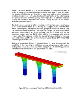 panels. The pillars will be 20 ft (6 m) tall whenever possible but may vary in
height in hilly areas or where obstacles are in the way. Also, in some key areas,
the spacing will have to vary in order to pass over roads or other obstacles.
Small spacing between each support reduces the deflection of the tube keeping
the capsule steadier and the journey more enjoyable. In addition, reduced
spacing has increased resistance to seismic loading as well as the lateral
acceleration of the capsule.
Due to the sheer quantity of pillars required, reinforced concrete was selected
as the construction material due to its very low cost per volume. In some short
areas, tunneling may be required to avoid going over mountains and to keep
the route as straight as possible. The expected cost for the pillar construction
and tube joints is expected to be no more than $2.55 billion USD for the
passenger version tube and $3.15 billion USD for the passenger plus vehicle
version tube. The expected cost for the tunneling is expected to be no more
than $600 million USD for the smaller diameter tube and near $700 million USD
for the larger diameter tube.
Structural simulations (Figure 15 through Figure 20) have demonstrated the
capability of the Hyperloop to withstand atmospheric pressure, tube weight,
earthquakes, winds, etc. Dampers will be incorporate between the pylons and
tubes to isolate movements in the ground from the tube.
Figure 15. First mode shape of Hyperloop at 2.71Hz (magnified x1500).
 