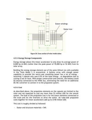 Figure 24. Cross section of rotor inside stator
4.3.3. Energy Storage Components
Energy storage allows this linear accelerator to only draw its average power of
8,000 hp (6 MW) (rather than the peak power of 70,000 hp or 52 MW) from its
solar array.
Building the energy storage element out of the same lithium ion cells available
in the Tesla Model S is economical. A battery array with enough power
capability to provide the worst-case smoothing power has a lot of energy –
launching 1 capsule only uses 0.5% of the total energy – so degradation due to
cycling is not an issue. With proper construction and controls, the battery could
be directly connected to the HVDC bus, eliminating the need for an additional
DC/DC converter to connect it to the propulsion system.
4.3.4. Cost
As described above, the propulsion elements on the capsule are limited to the
rotor and not expected to cost any more than $3 million USD for the overall
system. The bulk of the propulsion cost is for the stator elements connected to
the track and for the inverters to drive the stator. All tube-side propulsion
costs together for linear accelerators add up to $140 million USD.
This cost is roughly divided as followed:
- Stator and structure materials = 54%
Stator iron
Stator windings
Rotor
 