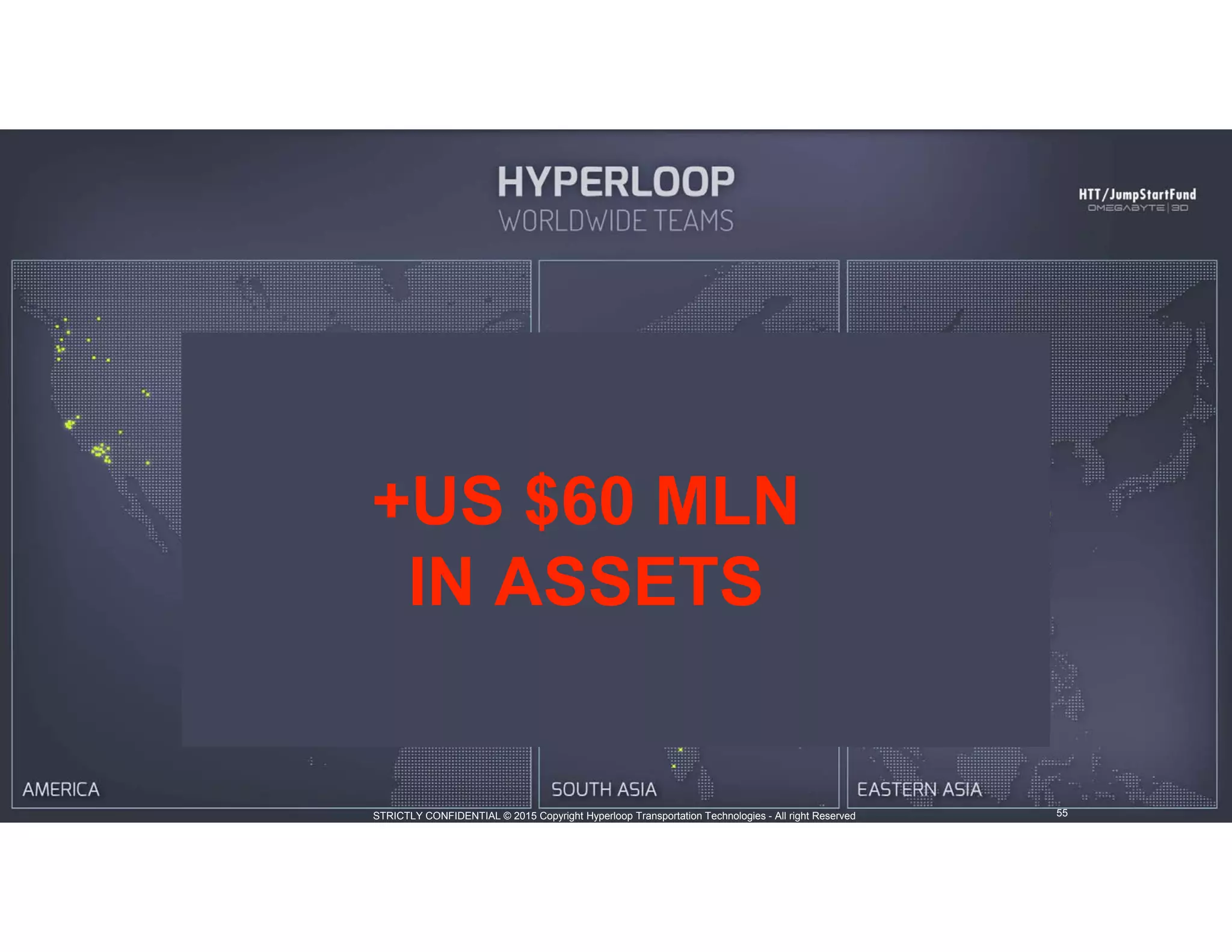 STRICTLY CONFIDENTIAL © 2015 Copyright Hyperloop Transportation Technologies - All right Reserved
+US $60 MLN
IN ASSETS
55STRICTLY CONFIDENTIAL © 2015 Copyright Hyperloop Transportation Technologies - All right Reserved
 