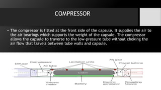 COMPRESSOR
• The compressor is fitted at the front side of the capsule. It supplies the air to
the air bearings which supports the weight of the capsule. The compressor
allows the capsule to traverse to the low-pressure tube without choking the
air flow that travels between tube walls and capsule.
 
