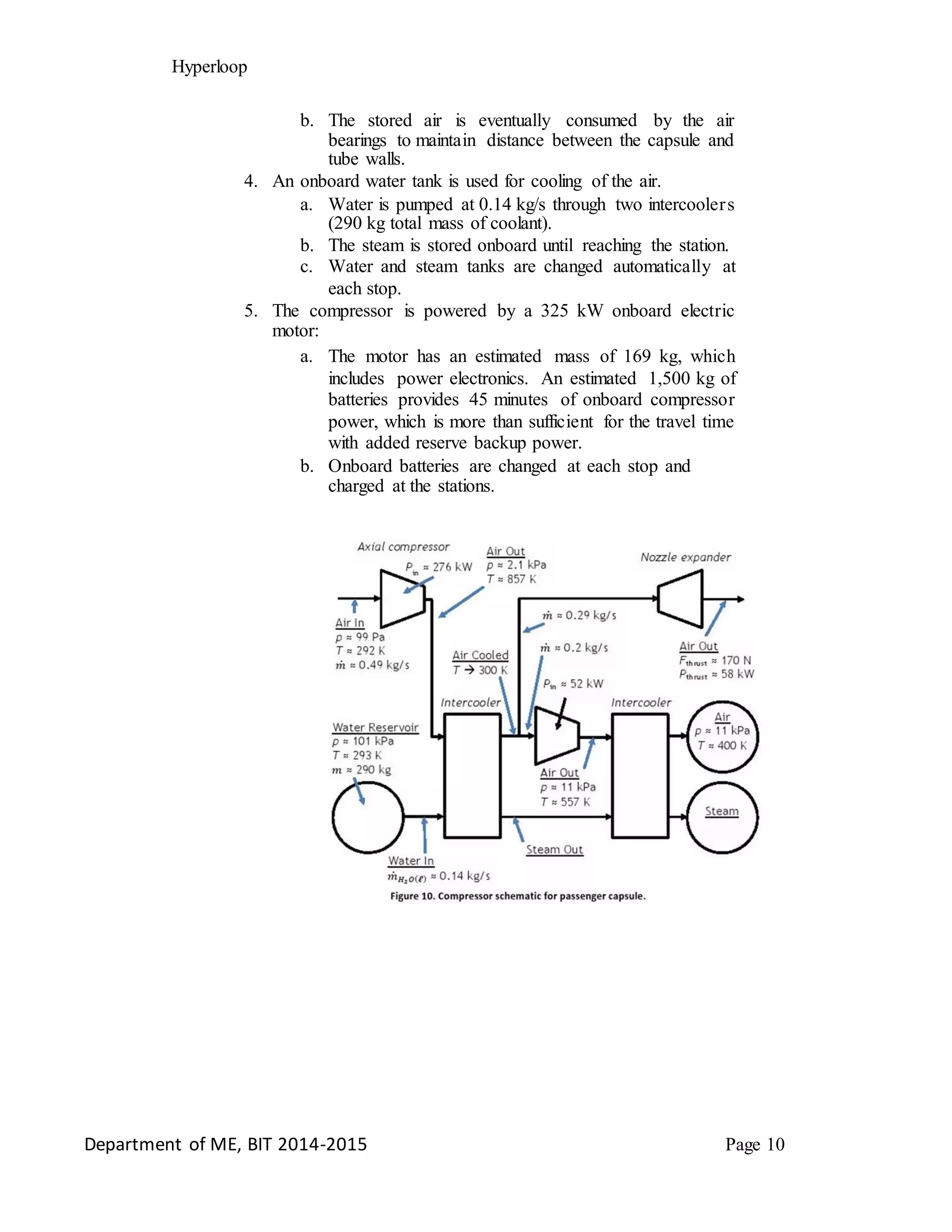 Hyperloop
b. The stored air is eventually consumed by the air
bearings to maintain distance between the capsule and
tube walls.
4. An onboard water tank is used for cooling of the air.
a. Water is pumped at 0.14 kg/s through two intercoolers
(290 kg total mass of coolant).
b. The steam is stored onboard until reaching the station.
c. Water and steam tanks are changed automatically at
each stop.
5. The compressor is powered by a 325 kW onboard electric
motor:
a. The motor has an estimated mass of 169 kg, which
includes power electronics. An estimated 1,500 kg of
batteries provides 45 minutes of onboard compressor
power, which is more than sufficient for the travel time
with added reserve backup power.
b. Onboard batteries are changed at each stop and
charged at the stations.
Department of ME, BIT 2014-2015 Page 10
 