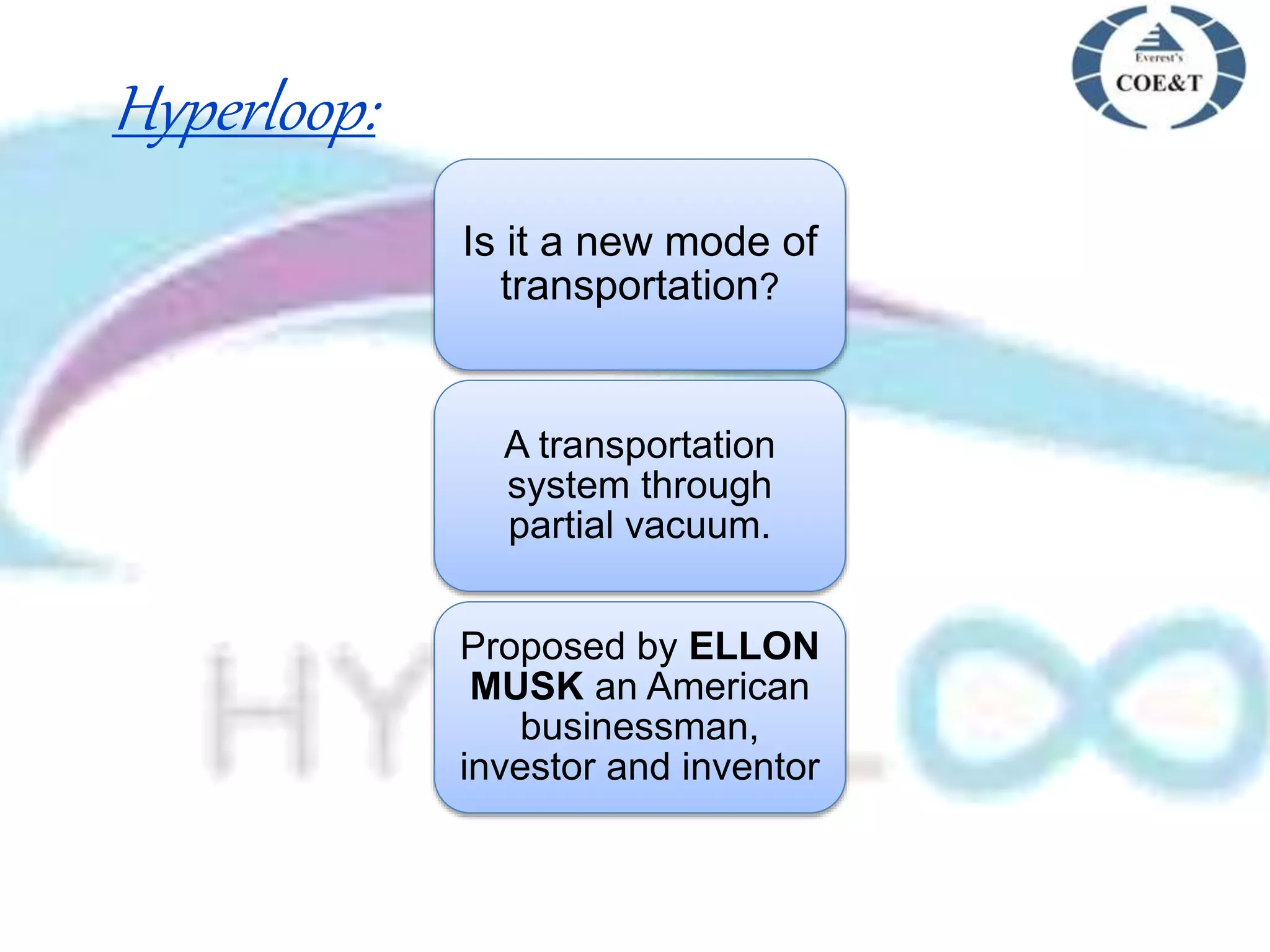 Hyperloop:
Is it a new mode of
transportation?
A transportation
system through
partial vacuum.
Proposed by ELLON
MUSK an American
businessman,
investor and inventor
 