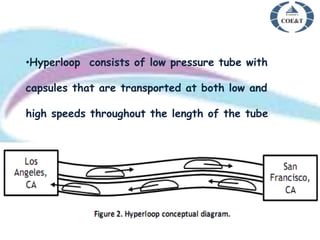 •Hyperloop consists of low pressure tube with
capsules that are transported at both low and
high speeds throughout the length of the tube
 