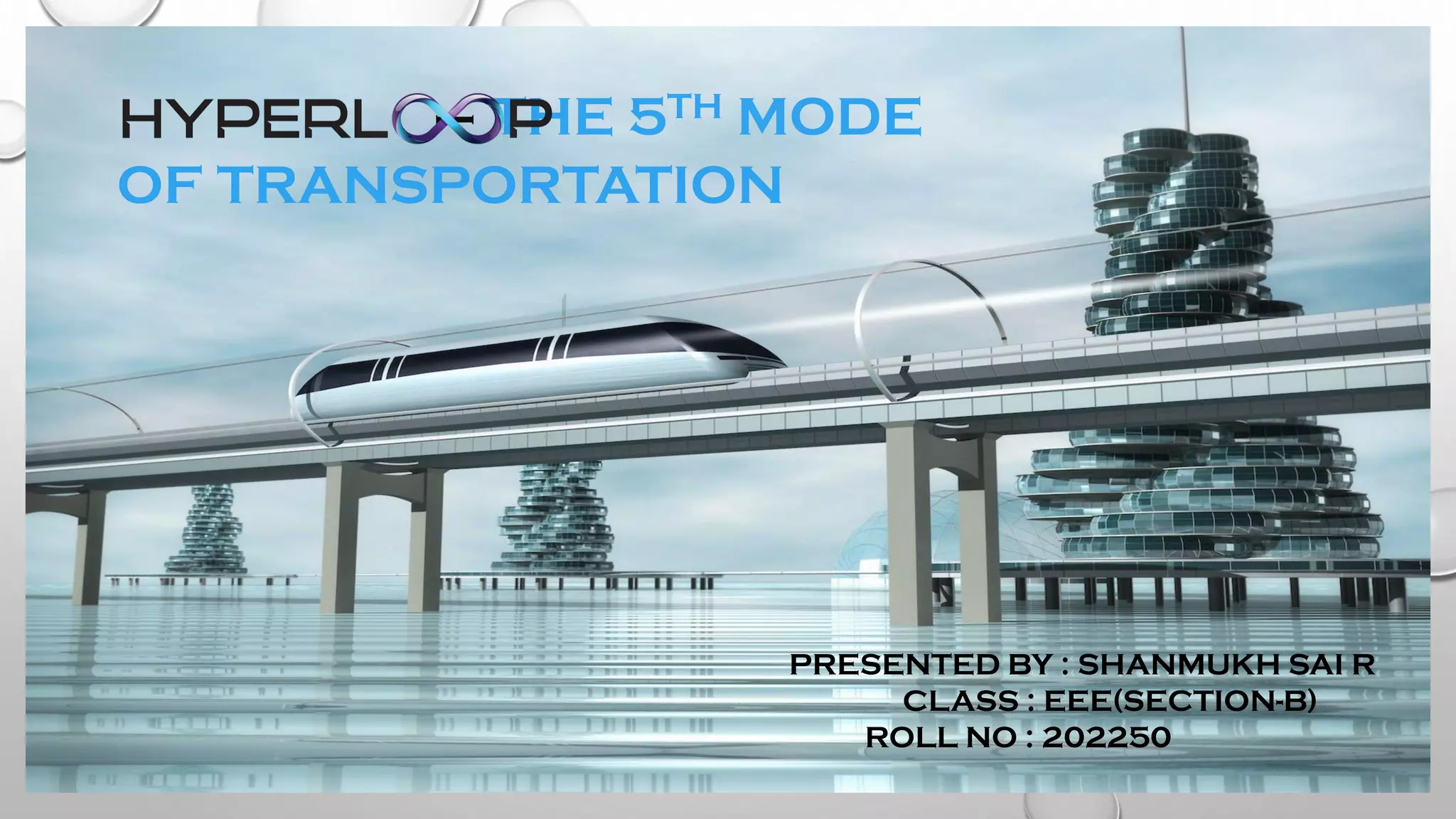 – THE 5TH MODE
OF TRANSPORTATION
PRESENTED BY : SHANMUKH SAI R
CLASS : EEE(SECTION-B)
ROLL NO : 202250
 