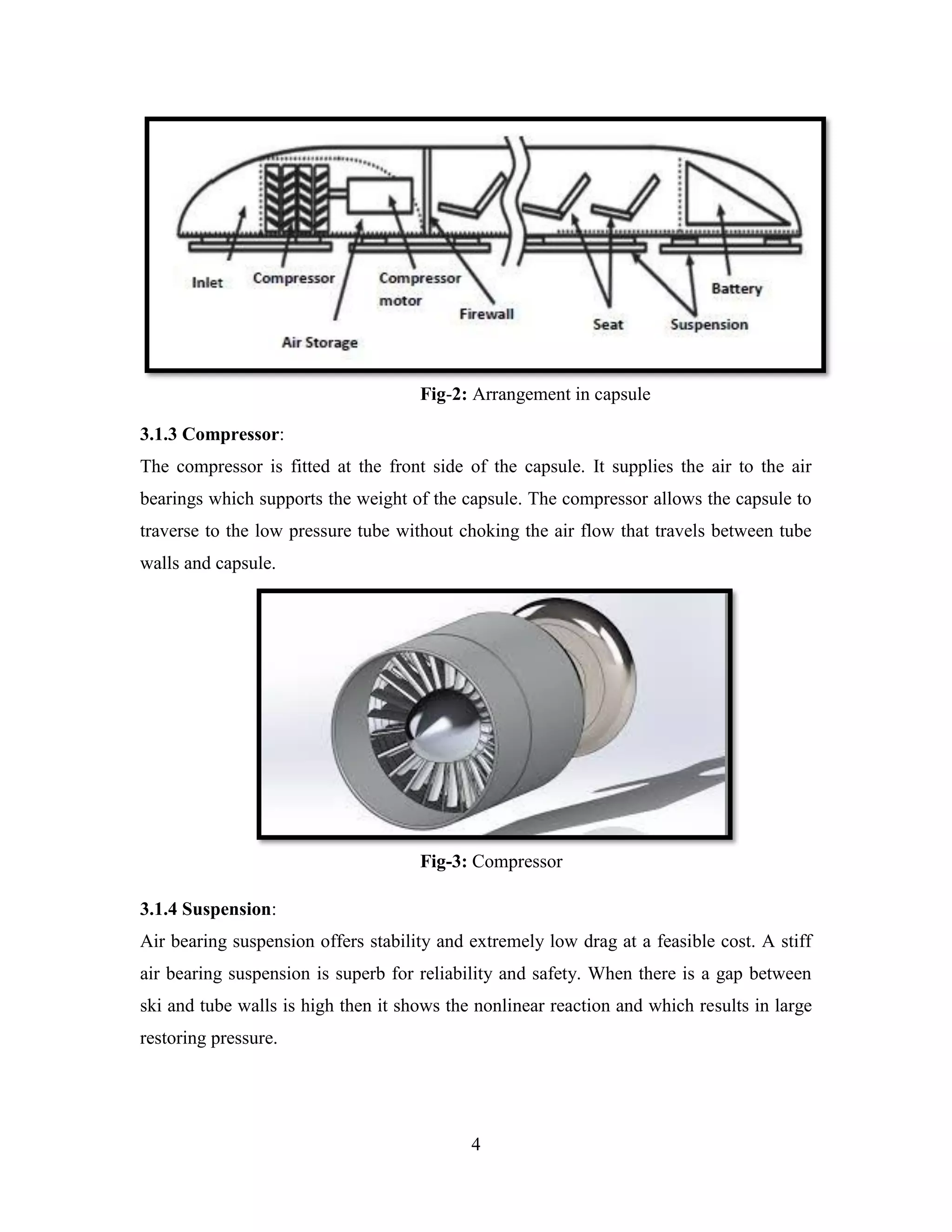 4
Fig-2: Arrangement in capsule
3.1.3 Compressor:
The compressor is fitted at the front side of the capsule. It supplies the air to the air
bearings which supports the weight of the capsule. The compressor allows the capsule to
traverse to the low pressure tube without choking the air flow that travels between tube
walls and capsule.
Fig-3: Compressor
3.1.4 Suspension:
Air bearing suspension offers stability and extremely low drag at a feasible cost. A stiff
air bearing suspension is superb for reliability and safety. When there is a gap between
ski and tube walls is high then it shows the nonlinear reaction and which results in large
restoring pressure.
 
