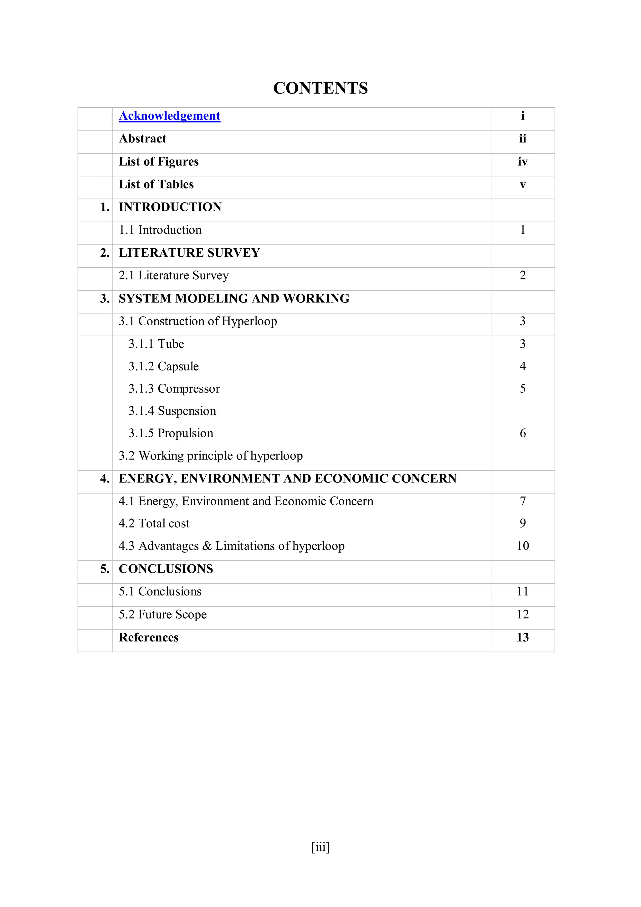 [iii]
CONTENTS
Acknowledgement i
Abstract ii
List of Figures iv
List of Tables v
1. INTRODUCTION
1.1 Introduction 1
2. LITERATURE SURVEY
2.1 Literature Survey 2
3. SYSTEM MODELING AND WORKING
3.1 Construction of Hyperloop 3
3.1.1 Tube
3.1.2 Capsule
3.1.3 Compressor
3.1.4 Suspension
3.1.5 Propulsion
3.2 Working principle of hyperloop
3
4
5
6
4. ENERGY, ENVIRONMENT AND ECONOMIC CONCERN
4.1 Energy, Environment and Economic Concern
4.2 Total cost
4.3 Advantages & Limitations of hyperloop
7
9
10
5. CONCLUSIONS
5.1 Conclusions 11
5.2 Future Scope 12
References 13
 