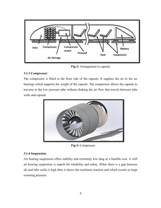 4
Fig-2: Arrangement in capsule
3.1.3 Compressor:
The compressor is fitted at the front side of the capsule. It supplies the air to the air
bearings which supports the weight of the capsule. The compressor allows the capsule to
traverse to the low pressure tube without choking the air flow that travels between tube
walls and capsule.
Fig-3: Compressor
3.1.4 Suspension:
Air bearing suspension offers stability and extremely low drag at a feasible cost. A stiff
air bearing suspension is superb for reliability and safety. When there is a gap between
ski and tube walls is high then it shows the nonlinear reaction and which results in large
restoring pressure.
 