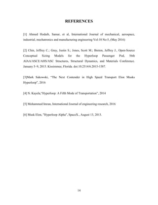 14
REFERENCES
[1] Ahmed Hodaib, Samar, et al, International Journal of mechanical, aerospace,
industrial, mechatronics and manufacturing engineering Vol:10 No:5, (May 2016)
[2] Chin, Jeffrey C.; Gray, Justin S.; Jones, Scott M.; Breton, Jeffrey J., Open-Source
Conceptual Sizing Models for the Hyperloop Passenger Pod, 56th
AIAA/ASCE/AHS/ASC Structures, Structural Dynamics, and Materials Conference.
January 5–9, 2015. Kissimmee, Florida. doi:10.2514/6.2015-1587.
[3]Mark Sakowski, “The Next Contender in High Speed Transport Elon Musks
Hyperloop”, 2016
[4] N. Kayela,“Hyperloop: A Fifth Mode of Transportation”, 2014
[5] Mohammed Imran, International Journal of engineering research, 2016
[6] Musk Elon, "Hyperloop Alpha", SpaceX., August 13, 2013.
 