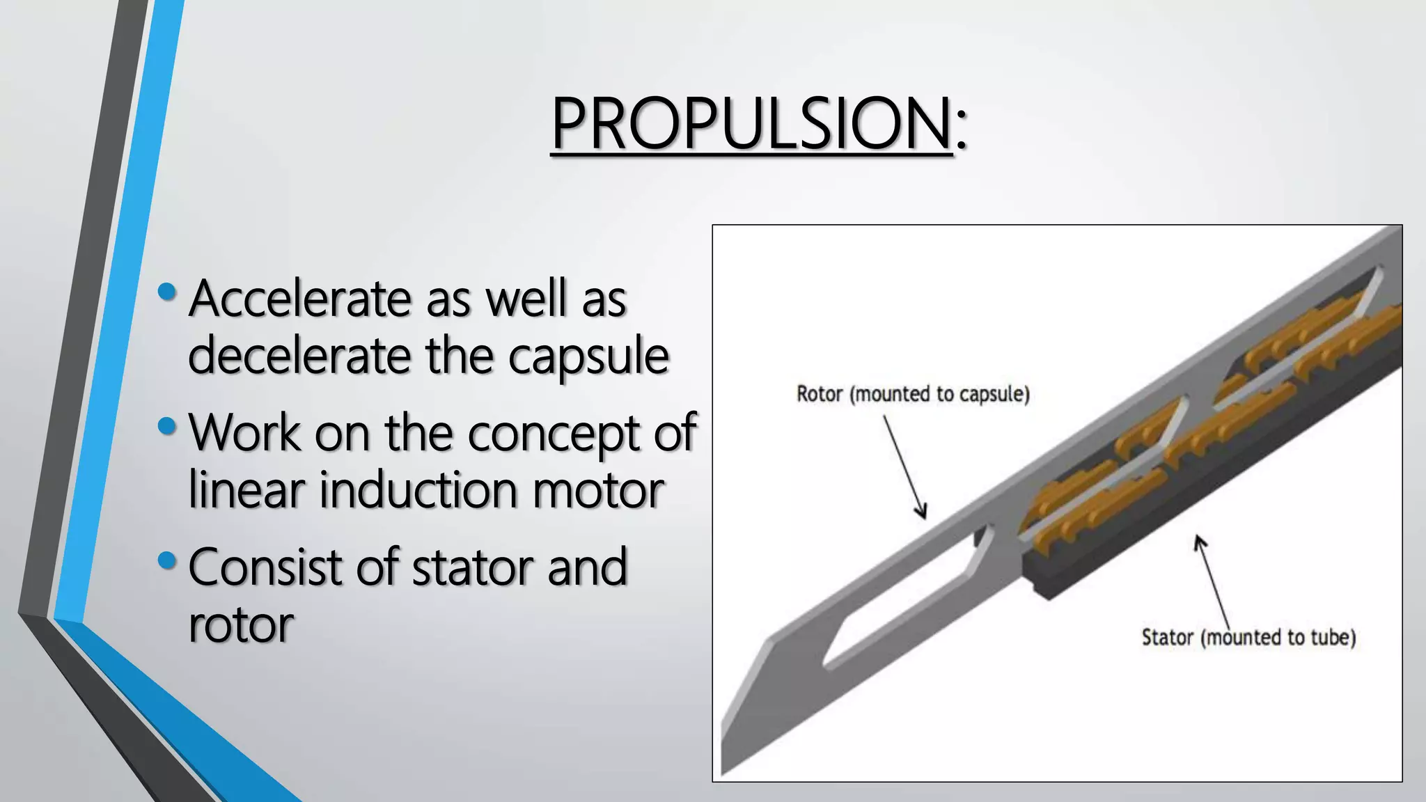 PROPULSION:
•Accelerate as well as
decelerate the capsule
•Work on the concept of
linear induction motor
•Consist of stator and
rotor
 
