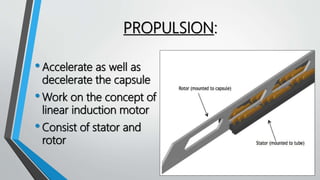 PROPULSION:
•Accelerate as well as
decelerate the capsule
•Work on the concept of
linear induction motor
•Consist of stator and
rotor
 
