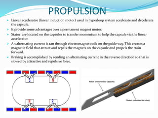 PROPULSION
 Linear accelerator (linear induction motor) used in hyperloop system accelerate and decelerate
the capsule.
 It provide some advantages over a permanent magnet motor.
 Stator are located on the capsules to transfer momentum to help the capsule via the linear
accelerator.
 An alternating current is ran through electromagnet coils on the guide way. This creates a
magnetic field that attract and repels the magnets on the capsule and propels the train
forward.
 Braking is accomplished by sending an alternating current in the reverse direction so that is
slowed by attractive and repulsive force.
 