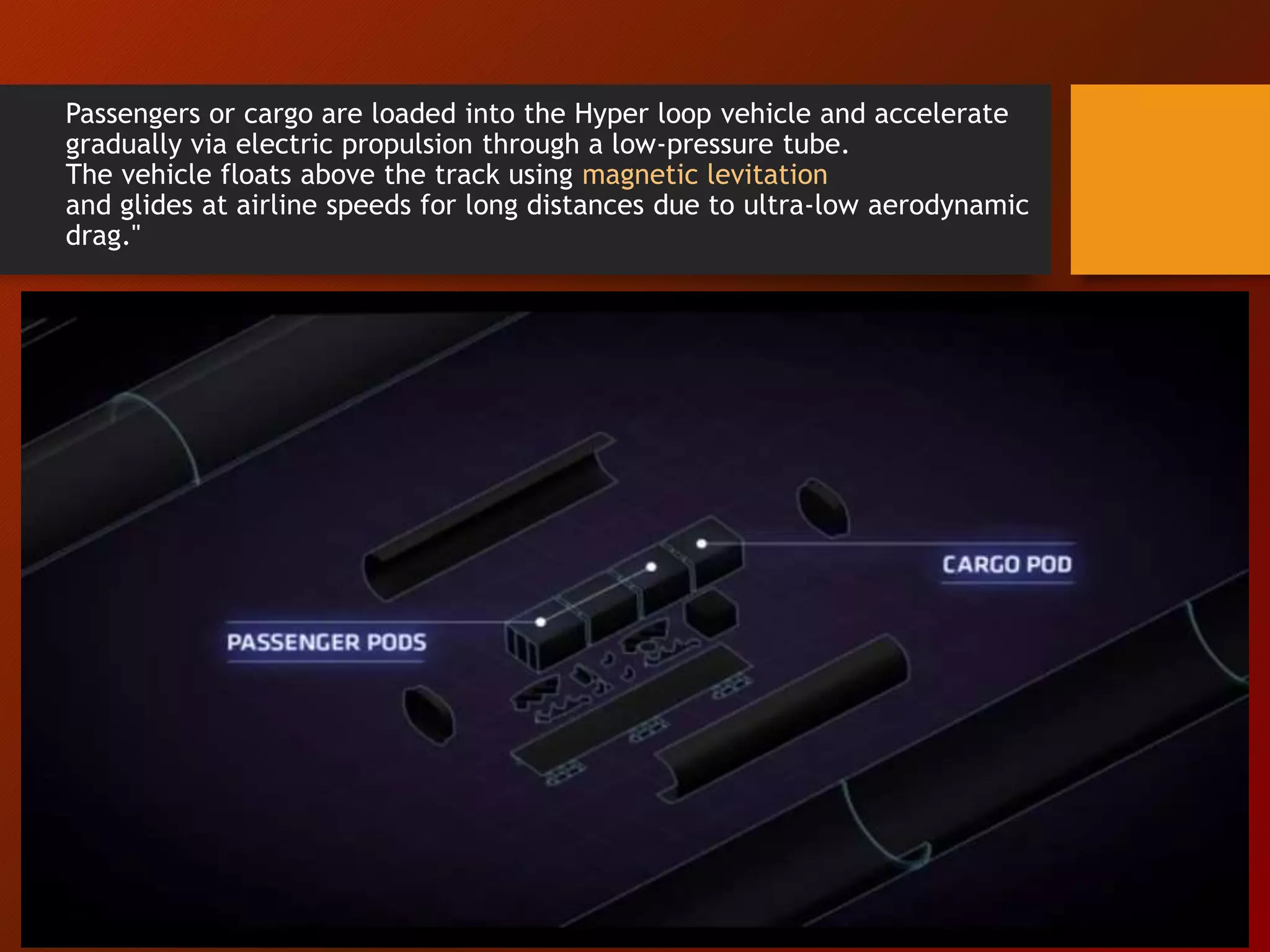 Passengers or cargo are loaded into the Hyper loop vehicle and accelerate
gradually via electric propulsion through a low-pressure tube.
The vehicle floats above the track using magnetic levitation
and glides at airline speeds for long distances due to ultra-low aerodynamic
drag."
 