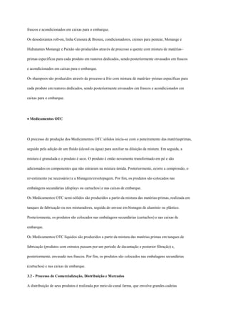 frascos e acondicionados em caixas para o embarque.

Os desodorantes roll-on, linha Cenoura & Bronze, condicionadores, cremes para pentear, Monange e

Hidratantes Monange e Paixão são produzidos através de processo a quente com mistura de matérias–

primas específicas para cada produto em reatores dedicados, sendo posteriormente envasados em frascos

e acondicionados em caixas para o embarque.

Os shampoos são produzidos através de processo a frio com mistura de matérias–primas específicas para

cada produto em reatores dedicados, sendo posteriormente envasados em frascos e acondicionados em

caixas para o embarque.




Medicamentos OTC




O processo de produção dos Medicamentos OTC sólidos inicia-se com o peneiramento das matériasprimas,

seguido pela adição de um fluído (álcool ou água) para auxiliar na diluição da mistura. Em seguida, a

mistura é granulada e o produto é seco. O produto é então novamente transformado em pó e são

adicionados os componentes que não entraram na mistura úmida. Posteriormente, ocorre a compressão, o

revestimento (se necessário) e a blistagem/envelopagem. Por fim, os produtos são colocados nas

embalagens secundárias (displays ou cartuchos) e nas caixas de embarque.

Os Medicamentos OTC semi-sólidos são produzidos a partir da mistura das matérias-primas, realizada em

tanques de fabricação ou nos misturadores, seguida do envase em bisnagas de alumínio ou plástico.

Posteriormente, os produtos são colocados nas embalagens secundárias (cartuchos) e nas caixas de

embarque.

Os Medicamentos OTC líquidos são produzidos a partir da mistura das matérias primas em tanques de

fabricação (produtos com extratos passam por um período de decantação e posterior filtração) e,

posteriormente, envasado nos frascos. Por fim, os produtos são colocados nas embalagens secundárias

(cartuchos) e nas caixas de embarque.

3.2 - Processo de Comercialização, Distribuição e Mercados

A distribuição de seus produtos é realizada por meio do canal farma, que envolve grandes cadeias
 