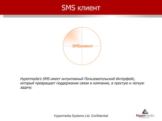 SMS  клиент Hypermedia's SMS  имеет интуитивный Пользовательский Интерфейс, который превращает поддержание связи в компании, в простую и легкую задачу. SMS  клиент 