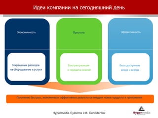 Идеи компании на сегодняшний день Эффективность Сокращение расходов  на оборудование и услуги Простота Экономичность   Быть доступным  везде и всегда Быстрая реакция и передача знаний Получение быстрых, экономически эффективных результатов внедряя новые продукты и приложения.  