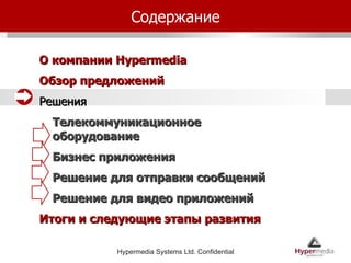 Содержание О компании  Hypermedia Обзор предложений Решения Телекоммуникационное оборудование Бизнес приложения Решение для отправки сообщений Решение для видео приложений  Итоги и следующие этапы развития 