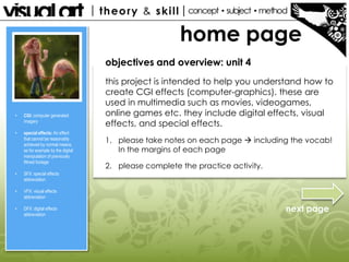 home page
objectives and overview: unit 4

•

CGI: computer generated
imagery

•

special effects: An effect
that cannot be reasonably
achieved by normal means,
as for example by the digital
manipulation of previously
filmed footage

•

DFX: digital effects
abbreviation

2. please complete the practice activity.

VFX: visual effects
abbreviation

•

1. please take notes on each page  including the vocab!
In the margins of each page

SFX: special effects
abbreviation

•

this project is intended to help you understand how to
create CGI effects (computer-graphics). these are
used in multimedia such as movies, videogames,
online games etc. they include digital effects, visual
effects, and special effects.

next page

 