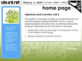 home page
objectives and overview: unit 5

•

•

•

vector: images defined by
geometric primitives as
opposed to bitmaps
Vector graphics: the use of
geometrical primitives such
as points, lines, curves, and
shapes or polygon(s), which
are all based on
mathematical expressions,
to represent images in
computer graphics
typical primitive objects:
lines, polylines and
polygons; bézier curves and
bezigons; circles and
ellipses; text; color gradients

this project is intended to help you understand how to
use the program Adobe Illustrator. This is a vector
based program and does not use bitmaps (things like
erasing or painting are not the same in vectors).
1. please take notes on each page  including the vocab!
In the margins of each page
2. please complete the practice activity.

next page

 
