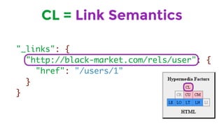 CL = Link Semantics
"_links": {
"http://black-market.com/rels/user": {
"href": "/users/1"
}
}
 