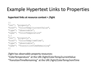 Hypermedia Controls for Machine APIs
• Some common attributes and semantic
features could be useful for machine APIs
• Describe media types in Actions and Events
• Add parameters to Actions and Events
• Describe Data Types and Data Templates
• Provide for additional methods, PUT, PATCH
• Provide a way to process response codes and
response metadata from the resource
 