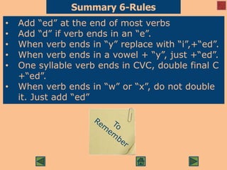 Summary 6-Rules
• Add “ed” at the end of most verbs
• Add “d” if verb ends in an “e”.
• When verb ends in “y” replace with “i”,+“ed”.
• When verb ends in a vowel + “y”, just +“ed”.
• One syllable verb ends in CVC, double final C
+“ed”.
• When verb ends in “w” or “x”, do not double
it. Just add “ed”
 