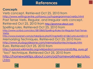 References
Concepts
Verb concept. Retrieved Oct 25, 2010 from
http://www.writingcentre.uottawa.ca/hypergrammar/verbs.html
Past Tense Verb, Regular, and Irregular verb concept.
Retrieved Oct 25, 2010 from http://grammar.about.com
Spelling rules. Retrieved Oct 25, 2010 from
http://www.scribd.com/doc/5810860/Spelling-Rules-for-Regular-Past-Tense-
Verbs
http://www.kwiznet.com/p/takeQuiz.php?ChapterID=415&CurriculumID=15
Memorizing Techniques. Retrieved Oct 25, 2010 from
http://www.studyguidezone.com/memorizationtechniques.htm
Eyes. Retrieved Oct 25, 2010 from
http://upload.wikimedia.org/wikipedia/commons/d/d5/Big_eyes.gif
“loci” technique. Retrieved Oct 25, 2010 from
http://homeworktips.about.com/od/homeworkhelp/a/loc
i.htm
 