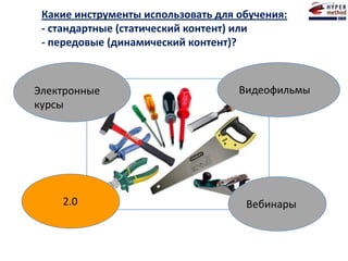 Электронные
курсы
Видеофильмы
Вебинары2.0
Какие инструменты использовать для обучения:
- стандартные (статический контент) или
- передовые (динамический контент)?
 