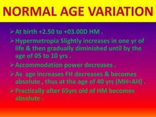 NORMAL AGE VARIATION
At birth +2.50 to +03.00D HM .
Hypermetropia Slightly increases in one yr of
life & then gradually diminished until by the
age of 05 to 10 yrs .
Accommodation power decreases .
As age increases FH decreases & becomes
absolute , thus at the age of 40 yrs (MH=AH) .
Practically after 65yrs old of HM becomes
absolute .
 