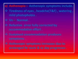 a) Asthenopia :- Asthenopic symptoms include.
 Tiredness of eyes , headche(T&F) , watering ,
mild photophobia .
 Vn Normal .
 Refactive error fully corrected by
accommodative effort .
 Sustained accommodation produces
symptoms .
 Asthenopic symptoms increases due to
prolonged Nr work & as day progresses .
 