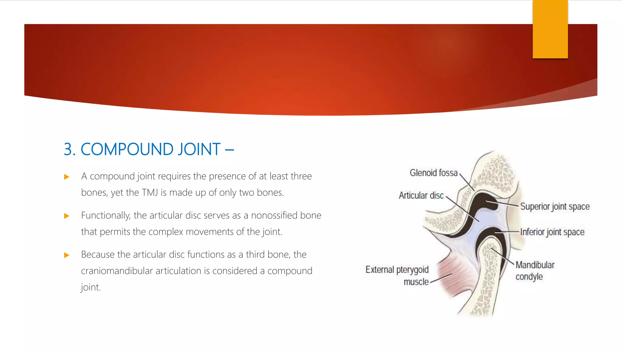 3. COMPOUND JOINT –
 A compound joint requires the presence of at least three
bones, yet the TMJ is made up of only two bones.
 Functionally, the articular disc serves as a nonossified bone
that permits the complex movements of the joint.
 Because the articular disc functions as a third bone, the
craniomandibular articulation is considered a compound
joint.
 