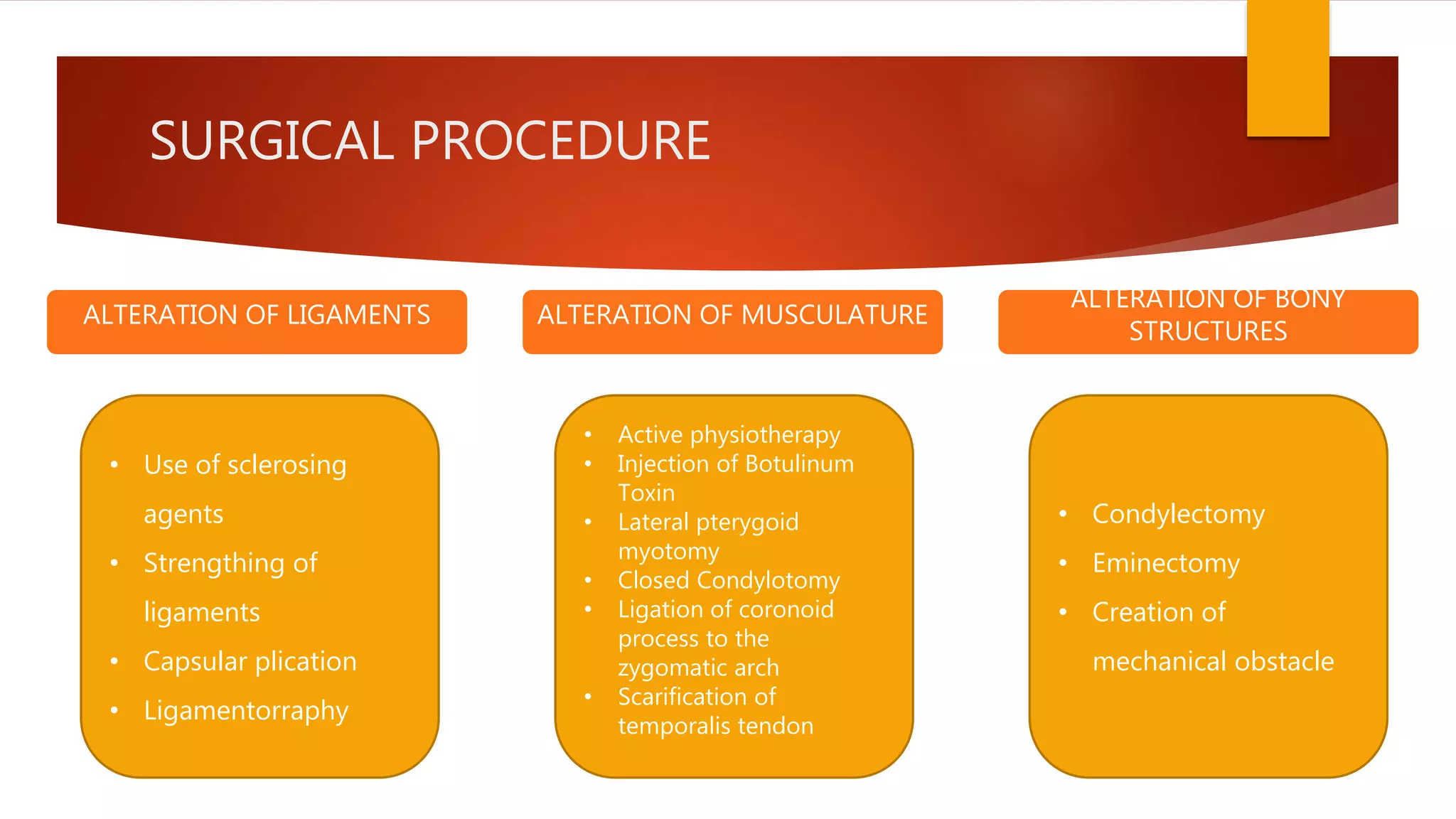 SURGICAL PROCEDURE
ALTERATION OF LIGAMENTS ALTERATION OF MUSCULATURE
ALTERATION OF BONY
STRUCTURES
• Use of sclerosing
agents
• Strengthing of
ligaments
• Capsular plication
• Ligamentorraphy
• Active physiotherapy
• Injection of Botulinum
Toxin
• Lateral pterygoid
myotomy
• Closed Condylotomy
• Ligation of coronoid
process to the
zygomatic arch
• Scarification of
temporalis tendon
• Condylectomy
• Eminectomy
• Creation of
mechanical obstacle
 