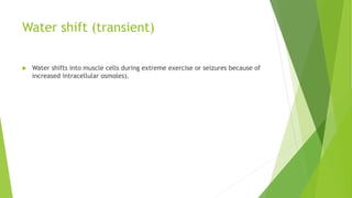 Water shift (transient)
 Water shifts into muscle cells during extreme exercise or seizures because of
increased intracellular osmoles).
 