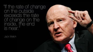 “If the rate of change
on the outside
exceeds the rate 
of change on the 
inside, the end 
is near.”
Jack Welch
 