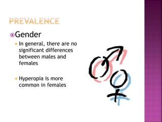 Gender
 In general, there are no
significant differences
between males and
females
 Hyperopia is more
common in females
 
