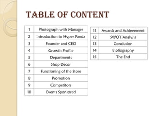 TABLE OF CONTENT
1 Photograph with Manager
2 Introduction to Hyper Panda
3 Founder and CEO
4 Growth Profile
5 Departments
6 Shop Decor
7 Functioning of the Store
8 Promotion
9 Competitors
10 Events Sponsored
11 Awards and Achievement
12 SWOT Analysis
13 Conclusion
14 Bibliography
15 The End
 