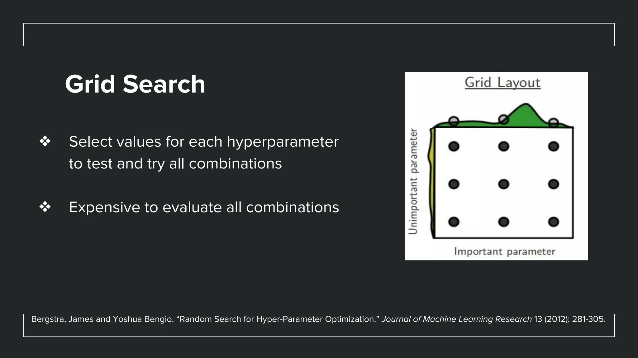 Grid Search
❖ Select values for each hyperparameter
to test and try all combinations
❖ Expensive to evaluate all combinations
Bergstra, James and Yoshua Bengio. “Random Search for Hyper-Parameter Optimization.” Journal of Machine Learning Research 13 (2012): 281-305.
 