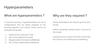 Hyperparameters
What are hyperparameters ?
In machine learning, a hyperparameters are set of
configurations that are being assigned to the
learning algorithm and whose values cannot be
estimated using data.
1. Depth of tree ( Decision Tree)
2. No. of trees (Random Forest)
3. Regularization Parameters (XGBoost)
4. No. of layers (Deep Neural Network)
Why are they required ?
Good combinations are likely to give the best
results
Define complexity, ability to learn, structure of
the model.
Choosing correct values will help to eliminate
the chances of overfitting and underfitting.
 